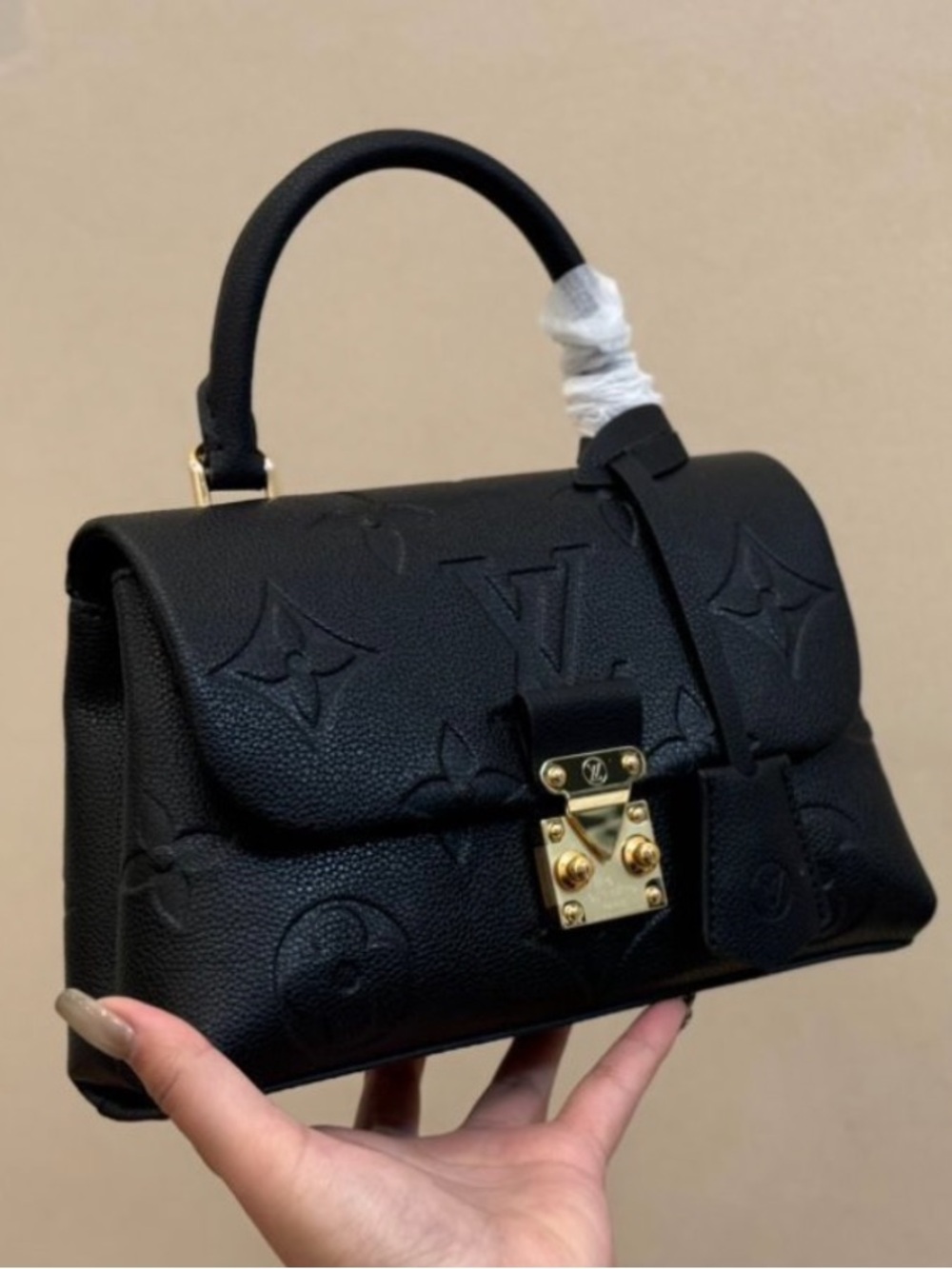 Black Top Handle Monogram Embossed Satchel with Gold Hardware